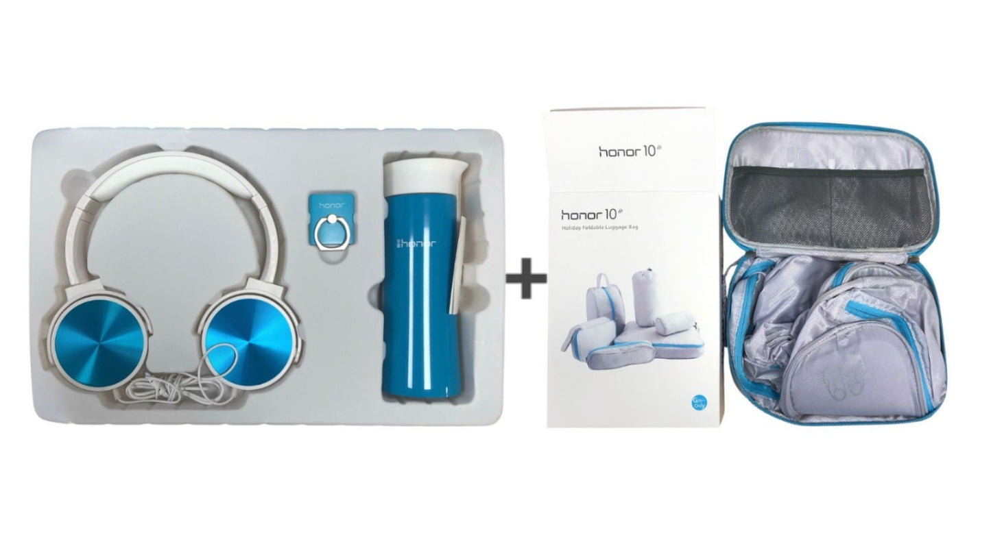 Pack Huawei Honor 10: auriculares+ soporte para anillos y botella de agua. COLOR AZUL + pack x6 neceseres