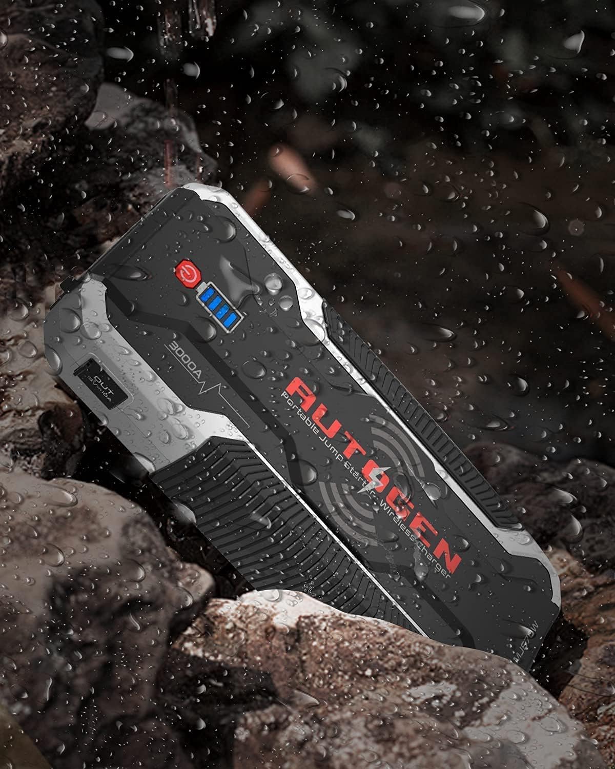 AUTOGEN Arrancador de Coches, 3000A 24000mAh 12V Arrancador de Baterias de Coche (para Todo vehículo de Gasolina o 8.0L de Diesel) 10W Cargador Inalámbrico, QC3.0, IP68 Impermeable, Linterna LED