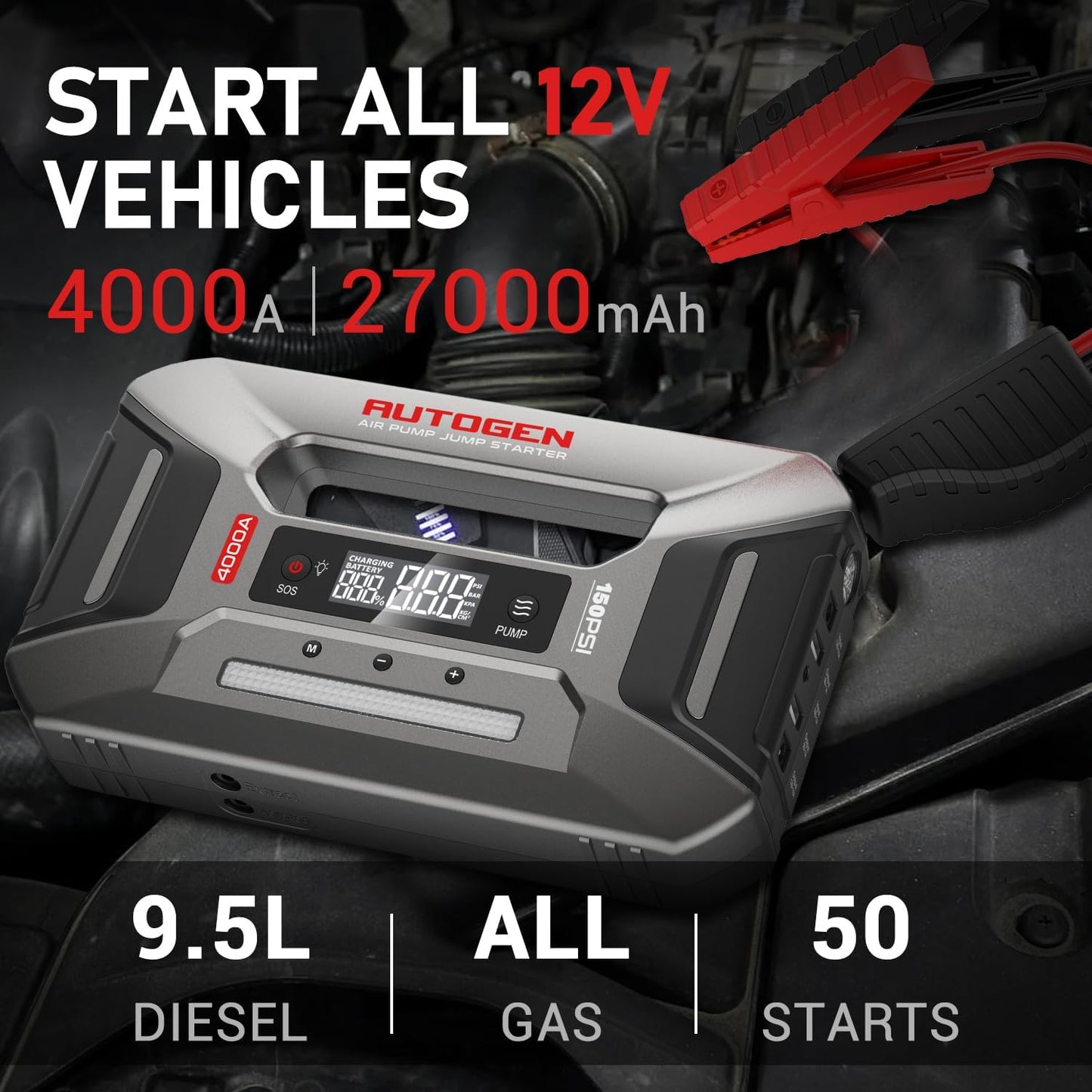 AUTOGEN Arrancador portátil de 12 V para Coche con compresor de Aire, Refuerzo de batería de 4000 A para Todas Las gasolinas y diésel de 9,5 l, inflador de neumáticos de 150 PSI con Pantalla Digital