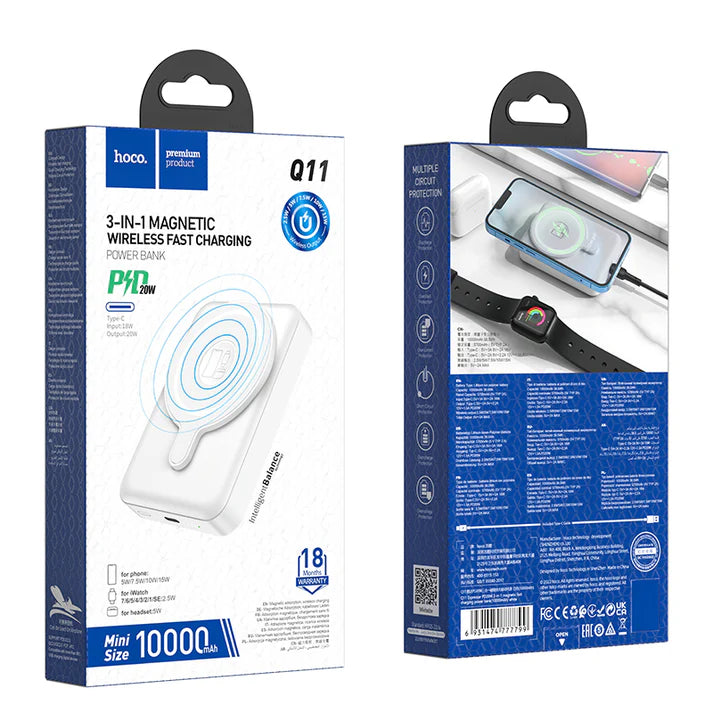 Hoco. Q11 Power Bank Magnético 3 En 1 Con Carga Inalámbrica Y Salida PD20W Type-C De 10000mAh ELIGE BLANCO O NEGRO