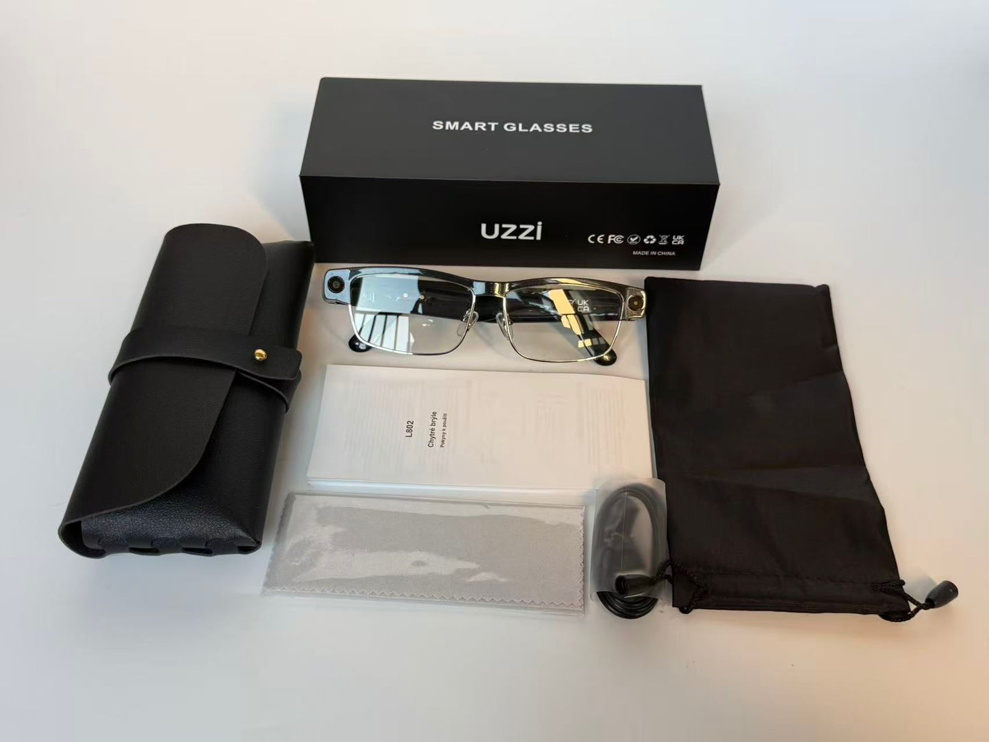 Gafas Inteligentes con el cristal transparente, Cámara HD, Bluetooth 5.4, Batería de 220 mAh, Altavoces Estéreo con Bajos, Micrófono con Cancelación de Ruido, Detección de Uso