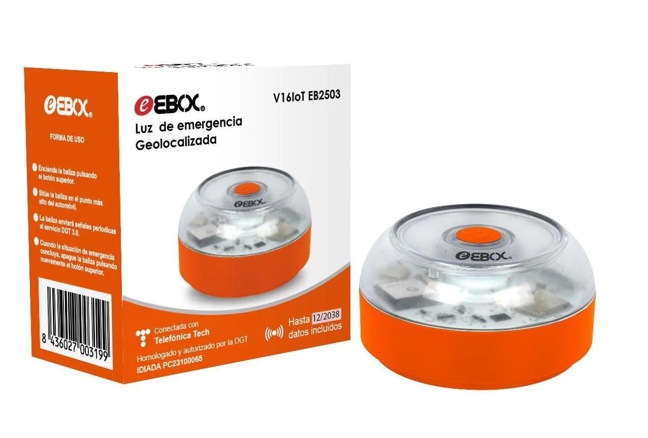 EBOX Luz Emergencia V16 Homologada DGT con Geolocalización, Baliza Coche Conectada DGT 3.0