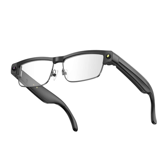 Gafas Inteligentes con el cristal transparente, Cámara HD, Bluetooth 5.4, Batería de 220 mAh, Altavoces Estéreo con Bajos, Micrófono con Cancelación de Ruido, Detección de Uso