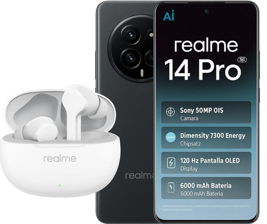 (NUEVO) REALME 14 Pro 5G, Grey, Móvil Android, 512 GB, 12 GB RAM, 6,77 " OLED, 120 Hz, , 6000 mAh CON CARGADOR Y CASCOS REALME BUDS T110