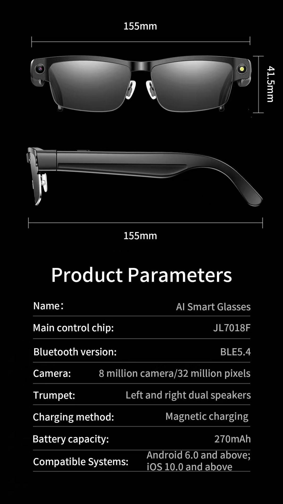 Gafas Inteligentes con el cristal negro, Cámara HD, Bluetooth 5.4, Batería de 220 mAh, Altavoces Estéreo con Bajos, Micrófono con Cancelación de Ruido, Detección de Uso