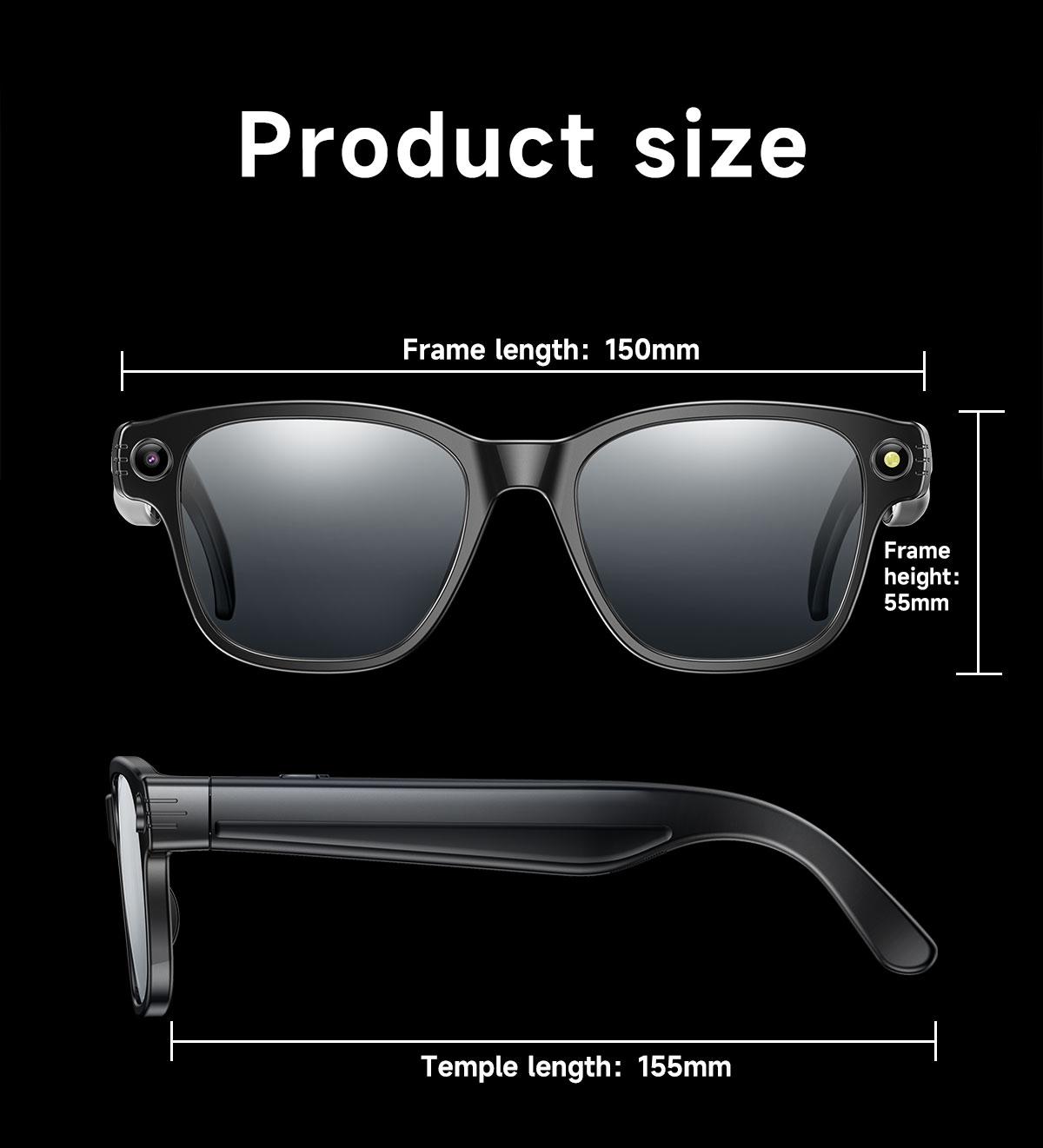 Gafas Inteligentes con el cristal negro, Cámara HD, Bluetooth 5.4, Batería de 220 mAh, Altavoces Estéreo con Bajos, Micrófono con Cancelación de Ruido, Detección de Uso